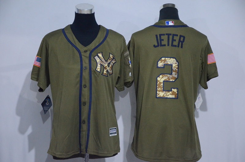 Womens 2017 MLB New York Yankees #2 Jeter Green Salute to Service Stitched Baseball Jersey